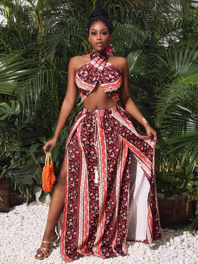 Music Festival Elegant And Sexy Folk All-Over Print And Crossover Halterneck Crop Top And High Slit Skirt Holiday Women's Two Pieces Set