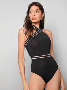 BizChic Của phụ nữ Không tay Áo liền quần chặt Với Sự tréo nhau Cái cổ Và Dệt Chi tiết băng - màu đen - Xem 4