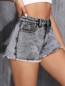 SHEIN EZwear Của phụ nữ Quần short Denim Với Nghiêng Túi Và Frayed Hem - Xám - Xem 6