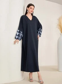 Al Najma Women's Geometric Printed V-Neck Kaftan With Patchwork Design - Navy Blue - View 5