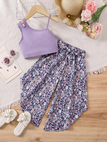 SHEIN Vintaside Kids Young Girl Solid Color Top & Printed Wide Leg Pants Set