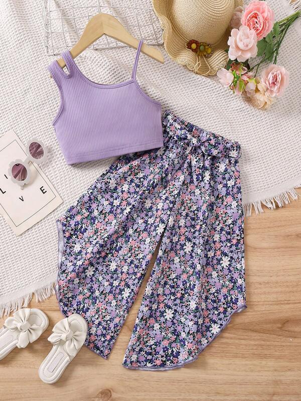 SHEIN Vintaside Kids Young Girl Solid Color Top & Printed Wide Leg Pants Set