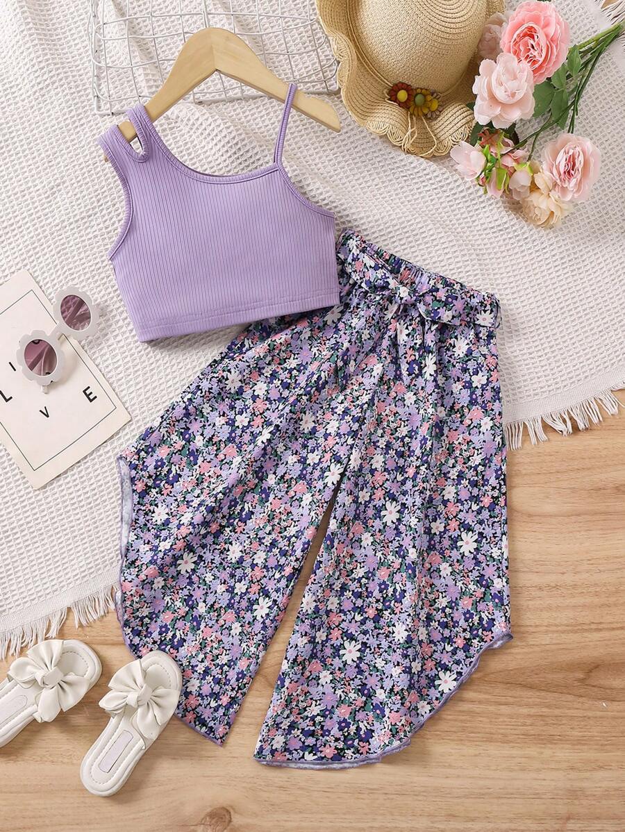 SHEIN Vintaside Kids 女孩純色上衣與印花寬腳褲套裝 - 彩色 - 查看 1