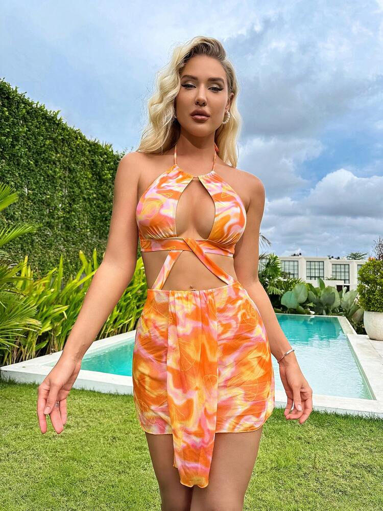 Women'S One-Piece Swimsuit With Halter Neck & Printed Design, 2pcs/Set Summer