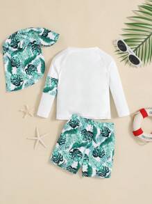 寶寶男孩植物圖案圓領側肩袖上衣、短褲、帽子和游泳衣4入組 - 彩色 - 查看 2