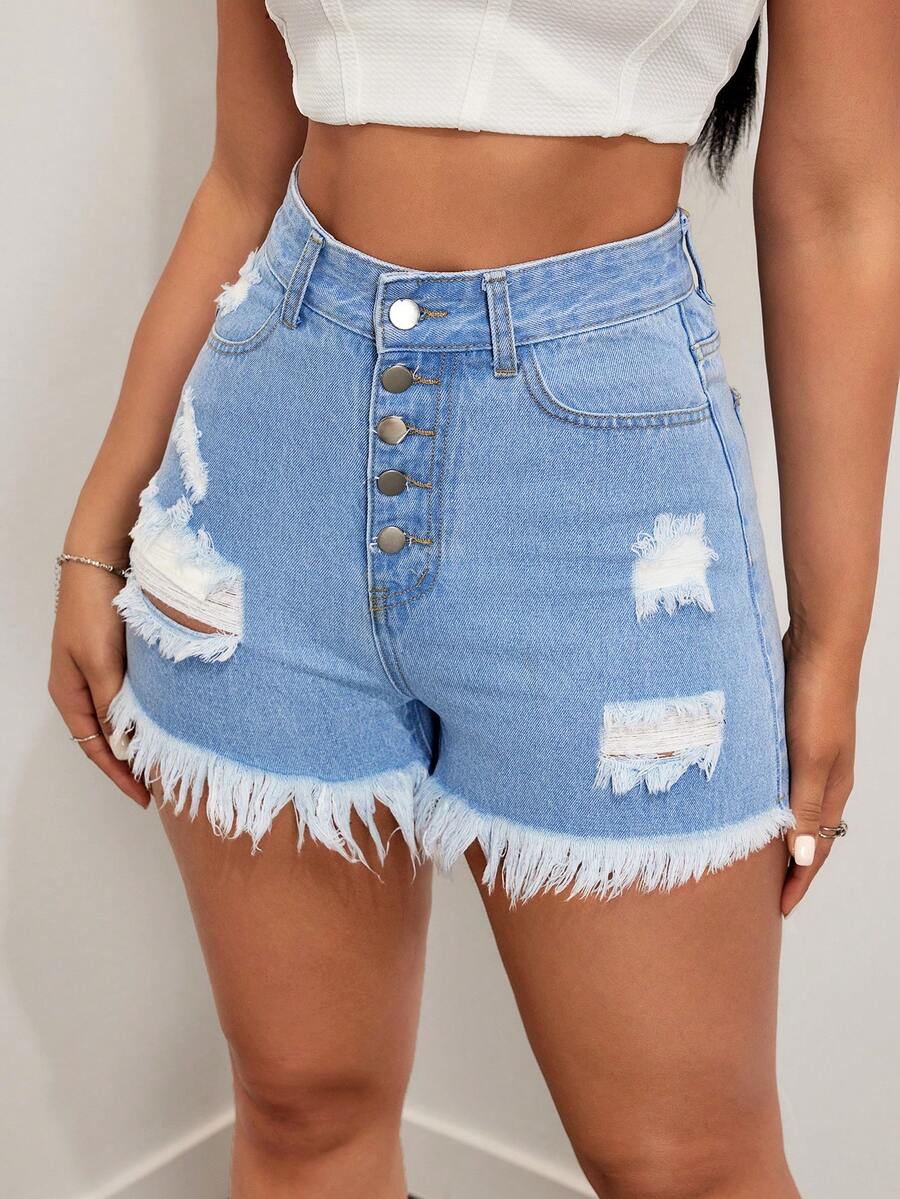 SHEIN EZwear Ladies' Denim Shorts With Frayed Edges And Destroyed Design - Light Wash - View 1