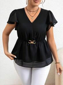 SHEIN Clasi Kích thước lớn Hai lớp Áo sơ mi Với Kim loại Trang trí Eo Khóa Và Ruffle - màu đen - Xem 4