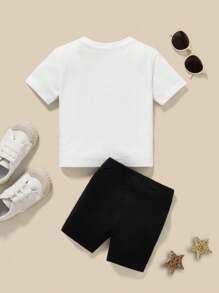 SHEIN Leap Crew 女婴休闲简约爱心图案短袖套装，适合春夏穿着，含95%棉 - 彩色 - 查看 2