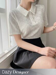 Dazy Designer Solid Color Textured Polo Collar T-Shirt,Business Casual Women