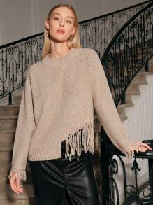 Anewsta Women's Fringe Batwing Sleeve Pullover Knit Pullover Fall Winter Sweater - Khaki - View 5