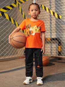 SHEIN Explorewe Young Boy Cartoon & Letter Printed Short Sleeve T-Shirt And Pants Set - Multicolor - View 5