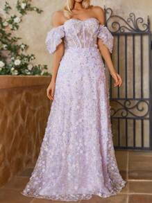 SHEIN Belle Women's Off Shoulder Embroidered Evening Dress - Mauve Purple - View 6