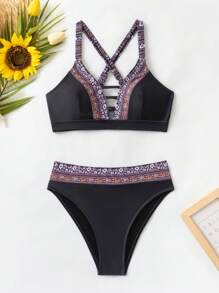 SHEIN Swim 夏季女士拼接编织肩带镂空比基尼套装 - 黑色 - 查看 6