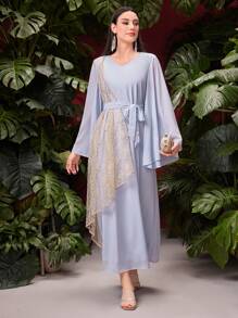 Al Najma Damen Lose Kleid mit bestickter Mesh-Kontrast Glockenärmel