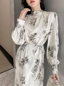 DAZY Women'S Floral Print Stand Collar Dress