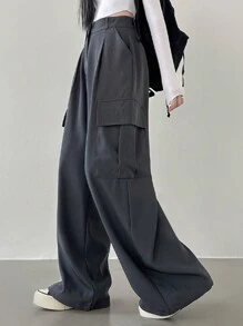 DAZY 女士純色街頭風寬鬆貨褲 - 深灰色 - 查看 1
