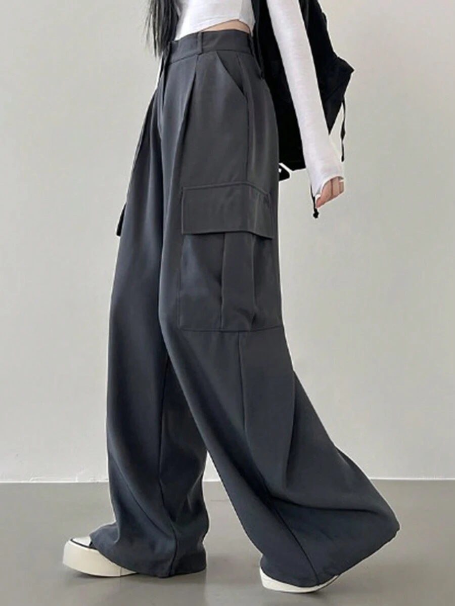 DAZY 女士純色街頭風寬鬆貨褲 - 深灰色 - 查看 1