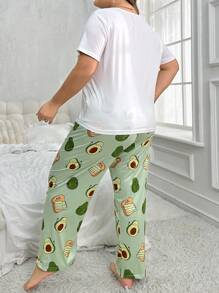 Kích thước lớn Của phụ nữ Trái bơ In Ngắn tay Áo thun Và Quần Bộ mặc nhà - màu xanh lá - Xem 2