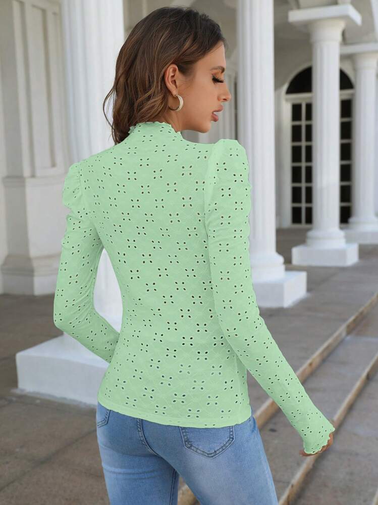 SHEIN Frenchy Women Spring/Summer Slim Fit T-Shirt With Stand Collar, Cap Sleeves And Eyelet Embroidery Frill Trim Tee Textured Sheer Fabric Winter Green Casual Christmas - Green - View 2