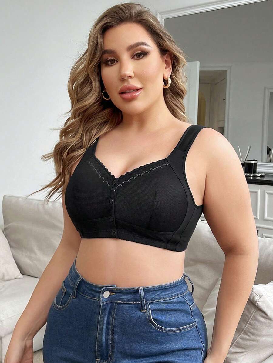Women'S Plus Size Black Wide Strap Bra - Black - View 1
