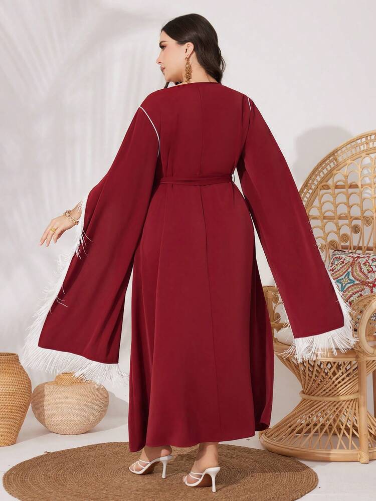 Burgundy Red Plus Size Women's Arabian Clothing With Botanical Pattern Patchwork And Tassel Hemline