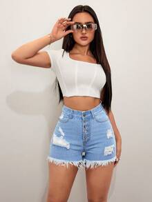 SHEIN EZwear Ladies' Denim Shorts With Frayed Edges And Destroyed Design - Light Wash - View 6