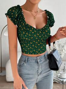 SHEIN Frenchy Của phụ nữ Ngắn tay Quần skinny Áo thun Với In hoa Và Tay áo phồng - màu xanh lá - Xem 5