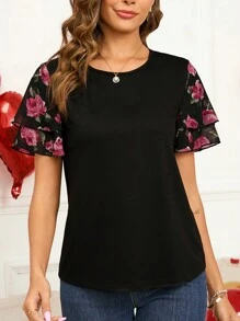 EMERY ROSE Valentine's Day Romantic Floral Rose With Ruffle Sleeve Women T-Shirt