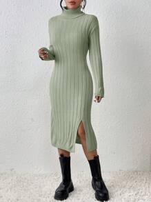 SHEIN Frenchy 女式開衩下擺高領毛衣洋裝