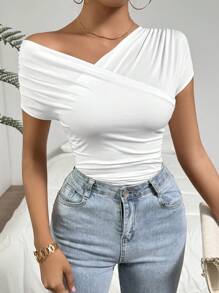 Firerie 女士純色不對稱領巾包裝t恤 - 白色 - 查看 6