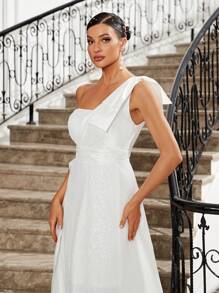 SHEIN Belle 蝴蝶細節單肩婚紗,配飾珠片拼接和大型褶邊 - 白色 - 查看 4