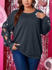 Celure Của phụ nữ Kích thước lớn Màu thuần Xu hướng: Cắt giảm Nơ Trang trí Áo nỉ - Màu xám đen - Xem 4