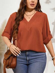 SHEIN LUNE 大尺碼棕色 V 領多層設計可調式袖口休閒襯衫夏季 - 棕色 - 查看 1
