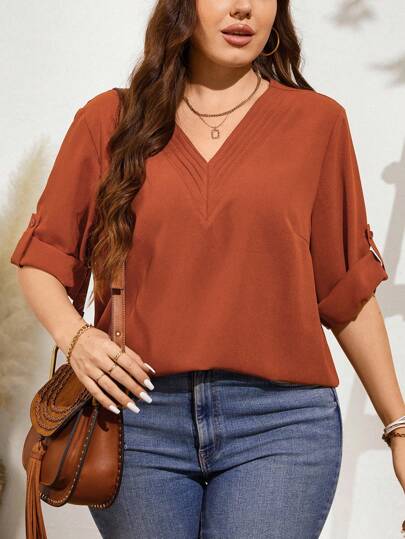 SHEIN LUNE 大尺碼棕色 V 領多層設計可調式袖口休閒襯衫夏季