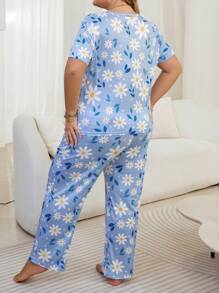 Plus Size Women Blue Allover Floral Print Round Neck Top & Pants Pajama Set, Outfits - Multicolor - View 2