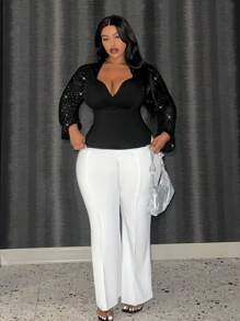 Slaydiva Plus Size Women's Mesh Panel Rhinestone Embellished Long Sleeve Top - Black - View 5