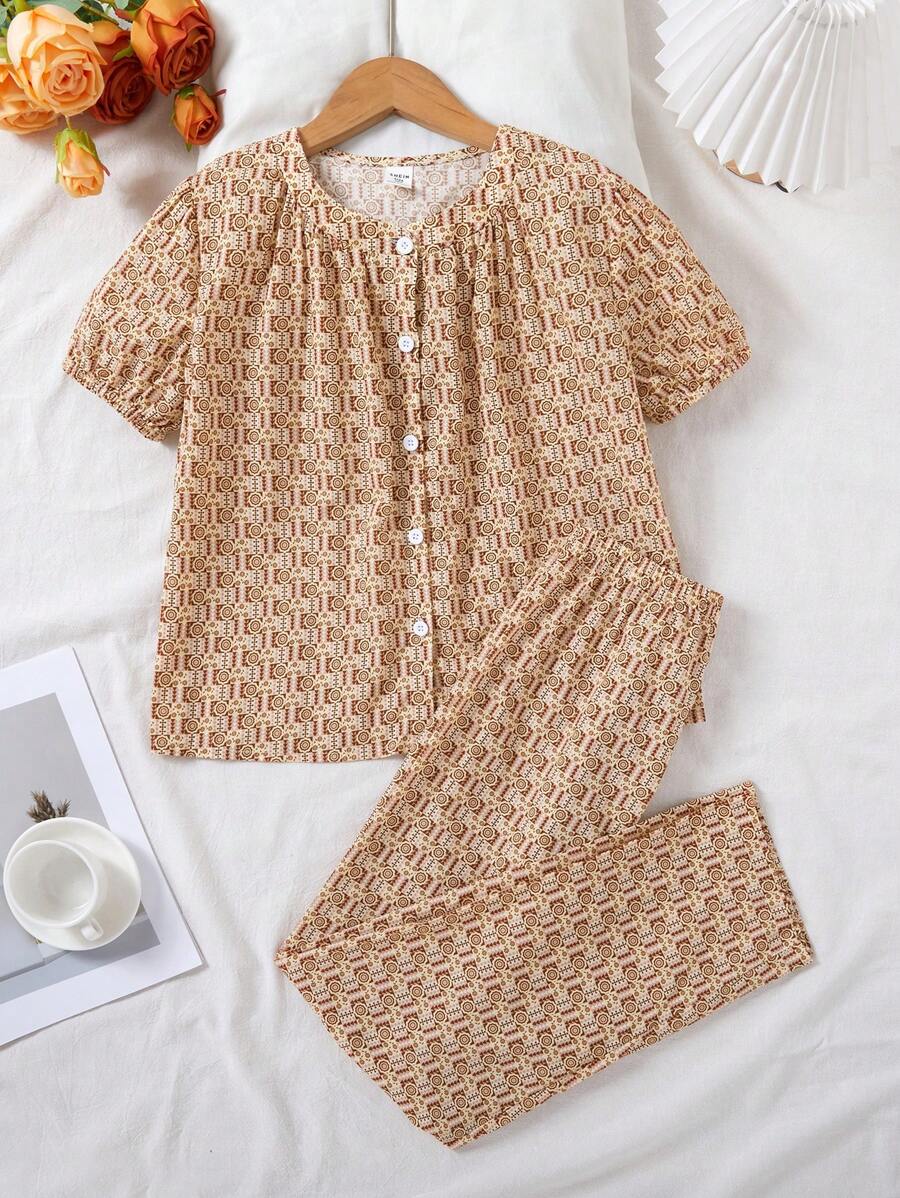 Tween女孩全印花釦前上衣和長褲睡衣套裝 - 藕粉色 - 查看 1