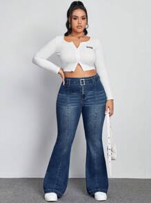 SHEIN EZwear Của phụ nữ Kích thước lớn Denim Quần loe - Màu xanh bụi bặm - Xem 6