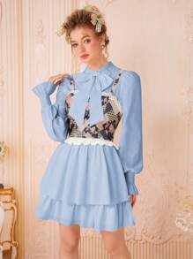 SHEIN MOD Ladies' Tie Neck Front Shirred Sleeve Wrap Dress