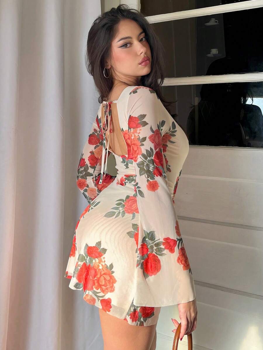 Aloruh Women'S Mesh Flower Printed Bell Sleeve Backless Lace-Up Mini Dress - Multicolor - View 1