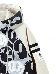 Chaqueta Con Capucha De Patrón De Cara De Dibujos Animados Para Hombres, Multicolor - Blanco y Negro - Ver 4