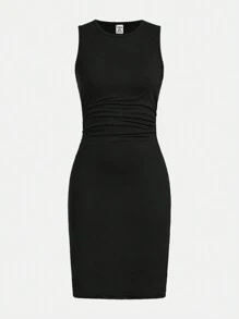 SHEIN ChillGRL 适合年轻女孩的纯色褶皱连衣裙，优雅甜美，经典纯色，褶皱设计，高腰贴身，柔软透气 - 黑色 - 查看 5