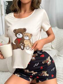 Cute Women's Knitted Bear Print Round Neck Regular Sleeve Pajama Set With Mini Shorts