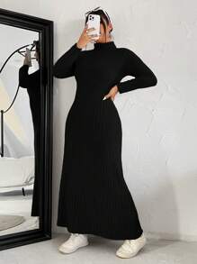 SHEIN EZwear Plus Size Solid Color Ribbed Knit Turtleneck Sweater Dress - Black - View 3