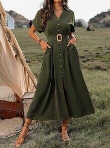 LanaWest Women's V-Neck Button Detail Slit Dress Maxi Women Outfit - Army Green - View 6