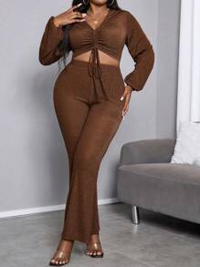 Maweii Plus Size Women's Shiny Pleated Crop Top And Long Pants Set - Rust Brown - View 4