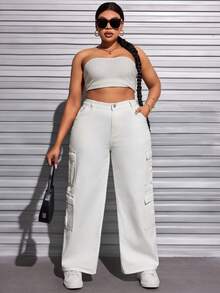 Kích thước lớn Của phụ nữ Cargo Đã bỏ túi Quần denim - trắng - Xem 6