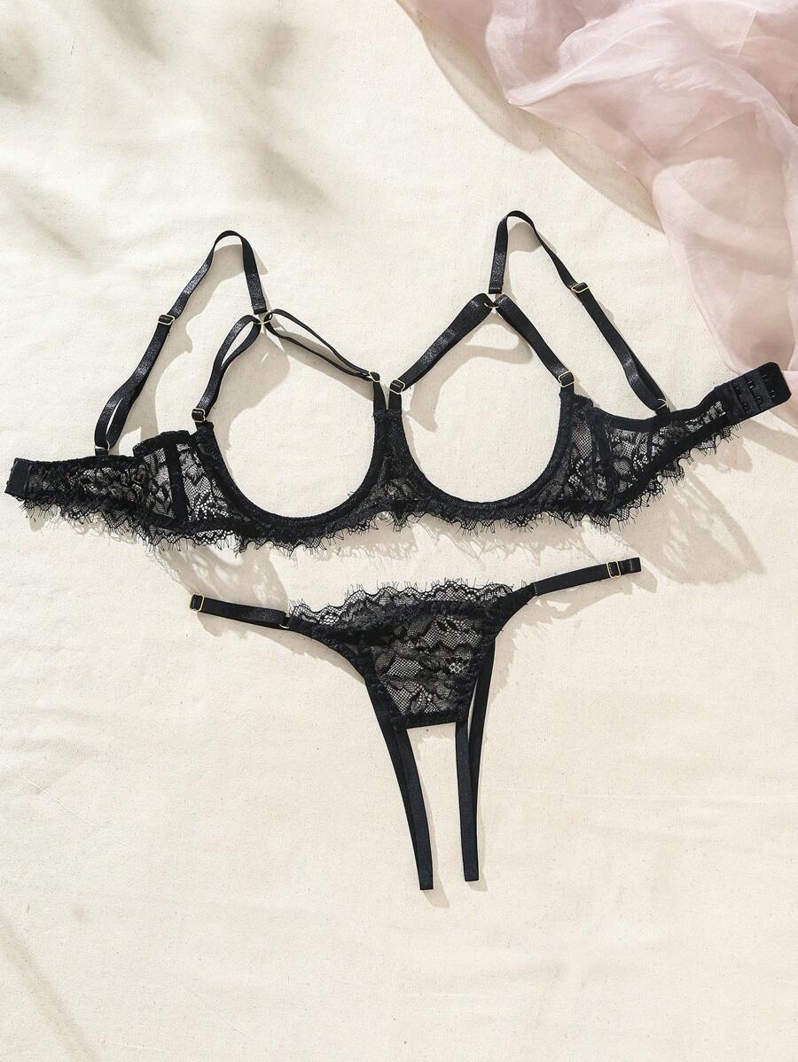 SHEIN 女士性感蕾丝镂空内衣套装，外出时，坏蛋造型 - 黑色 - 查看 1