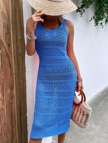 女士针织腰带连衣裙，休闲度假，春夏皆宜，纯色，圆领，无袖，开衩，短款，修身连衣裙，返校季，秋季，优雅女装，秋季长款派对沙滩裙 - 藍色 - 查看 5