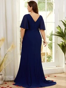 Plus Size Women Deep V-Neck Split Hem Solid Formal Dress, Suitable For Mother Of The Bride - Navy Blue - View 2